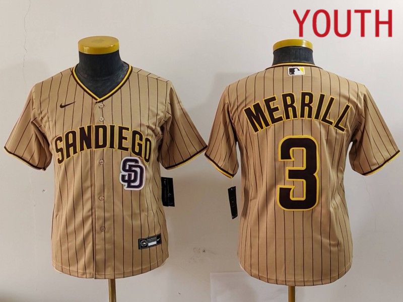 Youth San Diego Padres #3 Merrill Brown Stripe Game 2024 Nike MLB Jersey style 9022